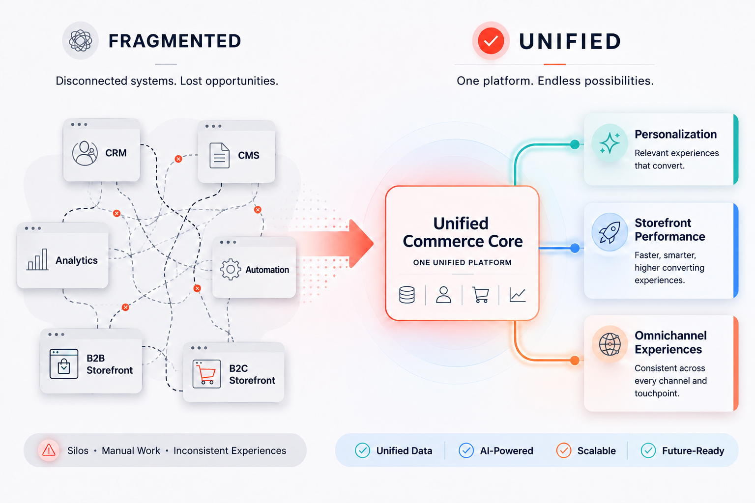 Infographic showing fragmented commerce systems (CRM, CMS, Analytics, Automation, B2B Storefront, B2C Storefront) unifying into a single Unified Commerce Core platform that powers Personalization, Storefront Performance, and Omnichannel Experiences.